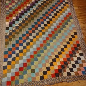 Vintage Hand-tied Square Block Quilt Multicolor 89x73.5 FOR RESTORATION